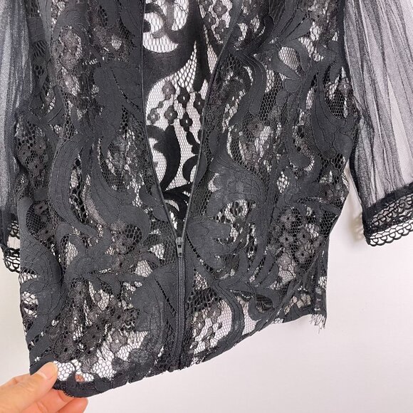 *Peach Sheer Allover Lace Puffy Sleeve Cropped Blouse Size L - Picture 3 of 13